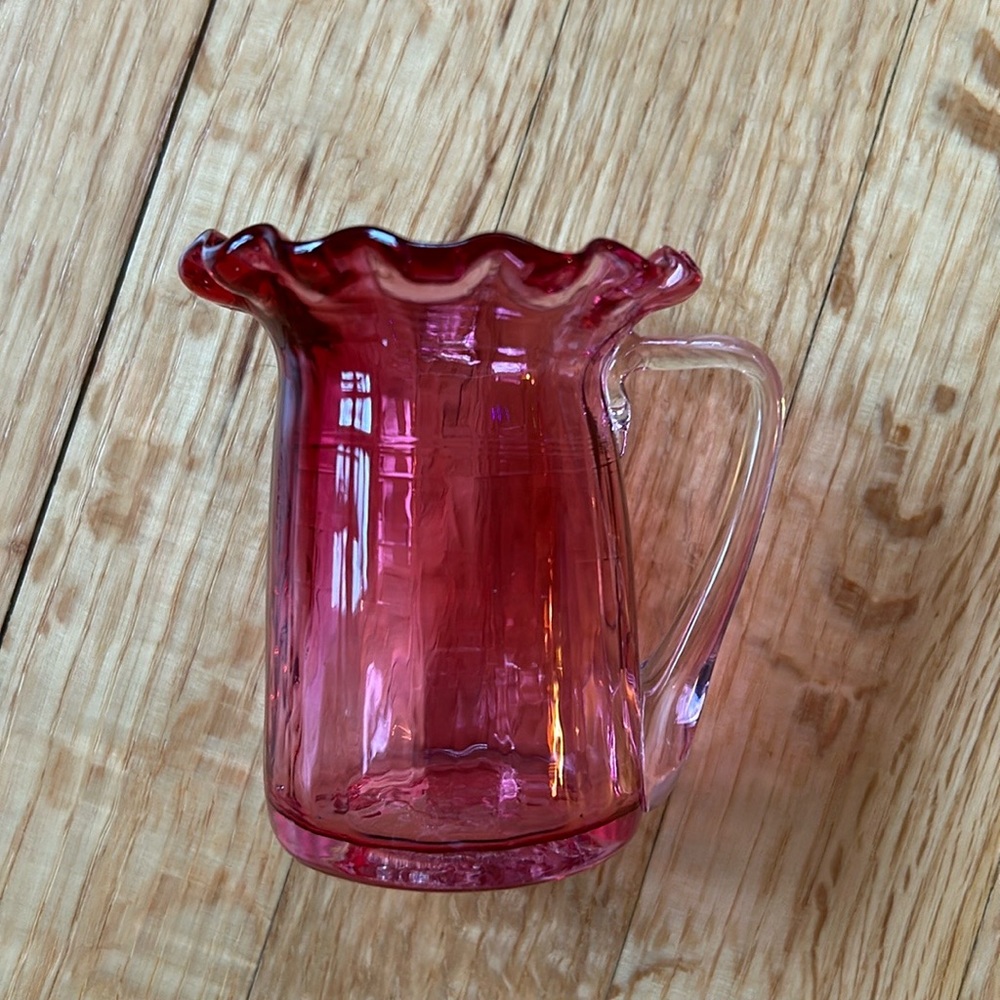 Vintage Handblown Glass Pink Pitcher / Vase with Scalloped Rim and Clear Handle